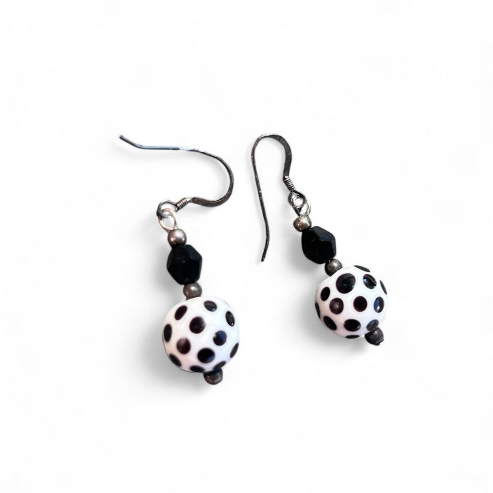 Retro Black and White Polka Dot Ball Glass Bead Dangle Earrings Y2K Vintage